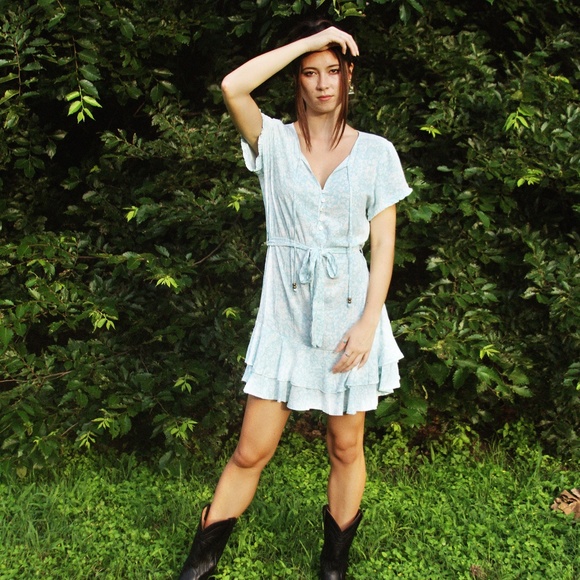 Blue Button Up Dress Self Tie Wrap - Picture 10 of 11